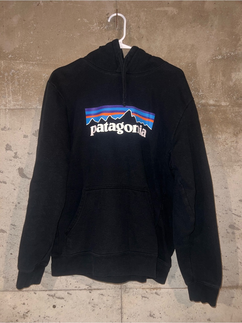 Patagonia Men’s Black Hoodie with Multicolor Mountain Logo